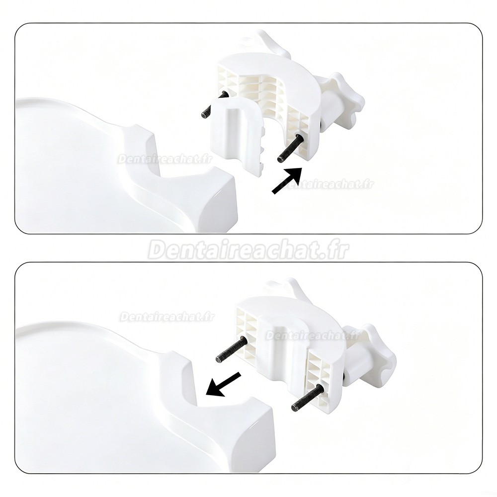 Plateau en plastique mont&eacute; sur fauteuil dentaire